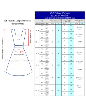 Waist 42 Length 41,42,43 Bib16,16.5,17,17.5,18 PhD School Uniform Secondary Dress Pinafore Baju Sekolah Menengah Perempuan